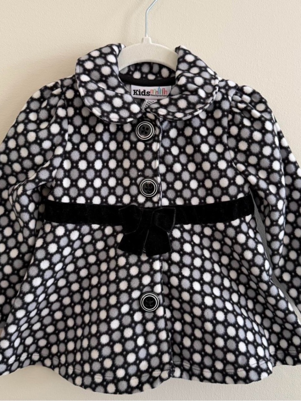 Kids Headquarters Black & White Polka Dot Pea Coat with Velvet Waist Bow